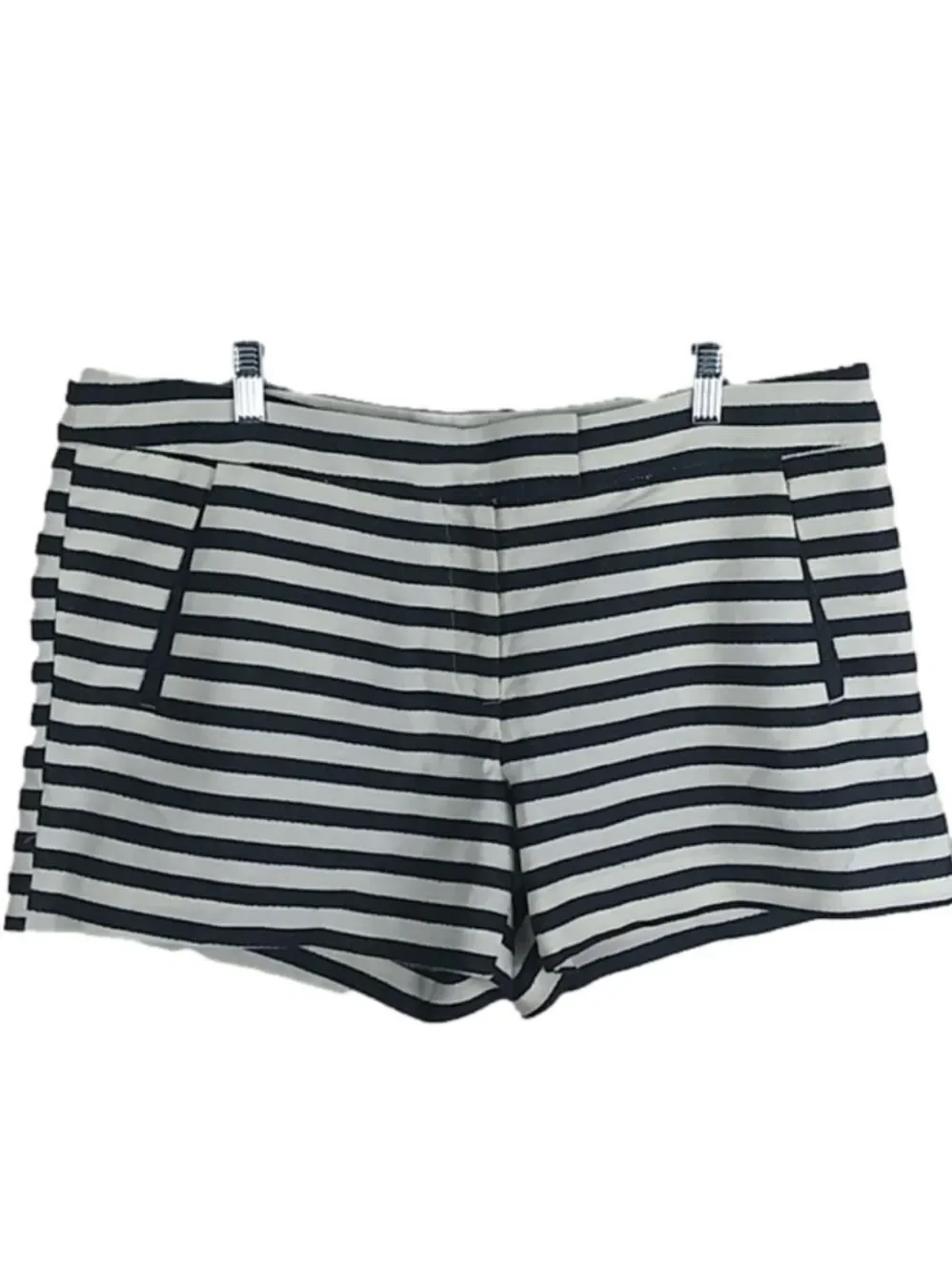 𝅺Dalia Blue White Striped Mid Rise Button Zipper Front Walking Shorts